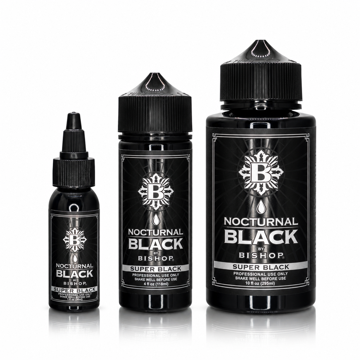 Nocturnal By Bishop Super Black 30ml, 118ml, 295ml — مقارنة أحجام الزجاجات