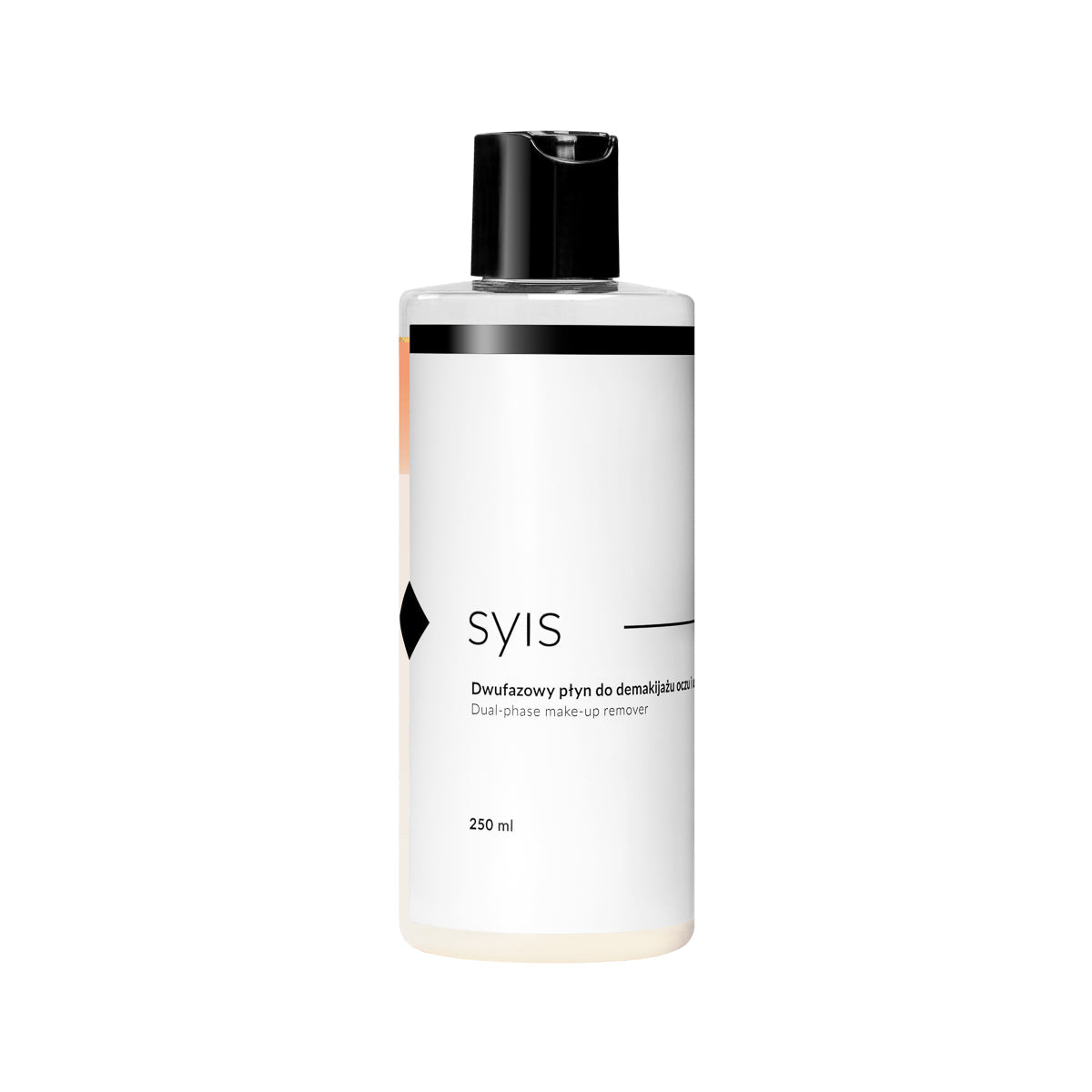 Syis two-phase eye and lip make-up remover in a 250ml bottle, showing clear liquid and packaging with product label.