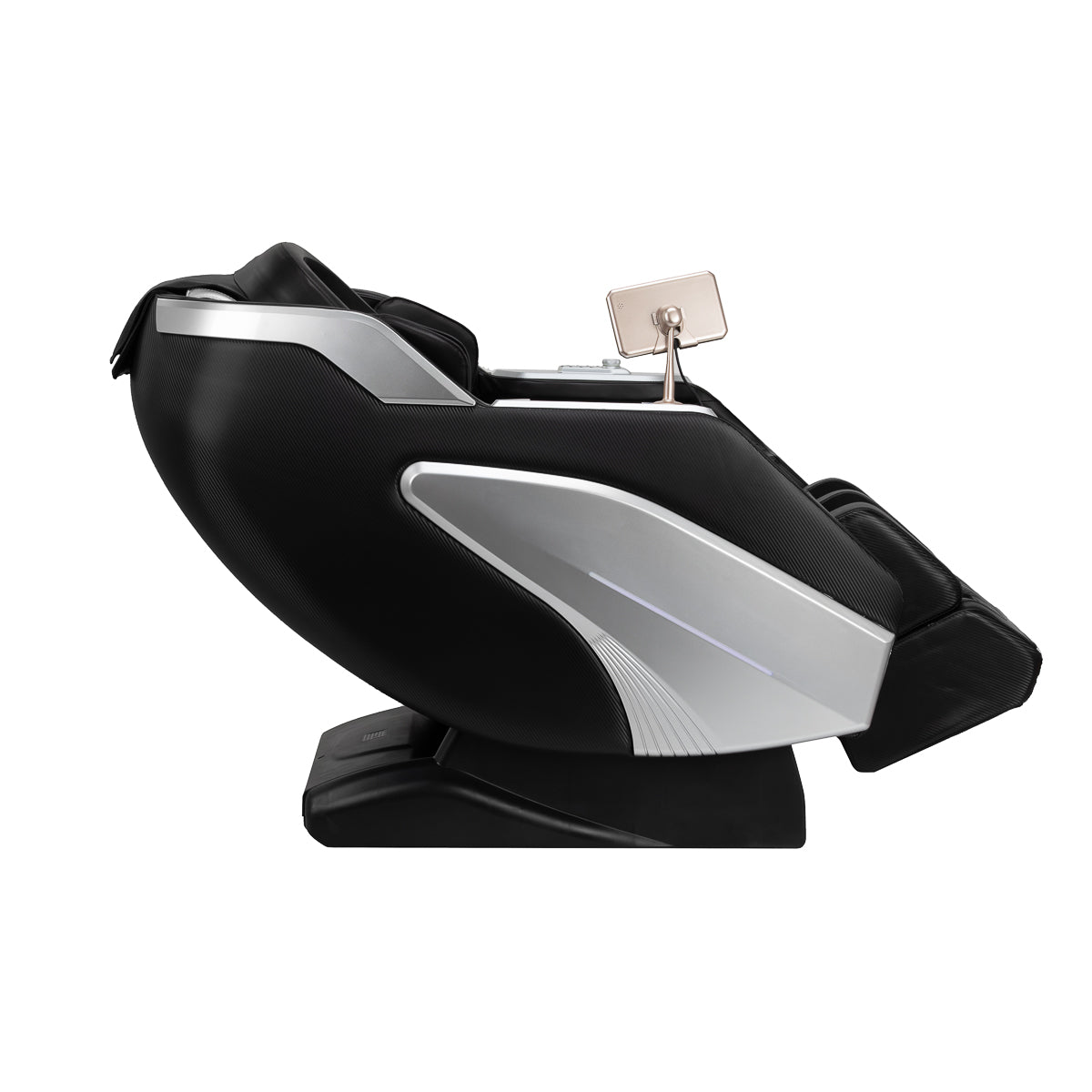 Black Sakura Prime 108 massage chair with padded armrests and footrest, showcasing sleek massage furniture design.