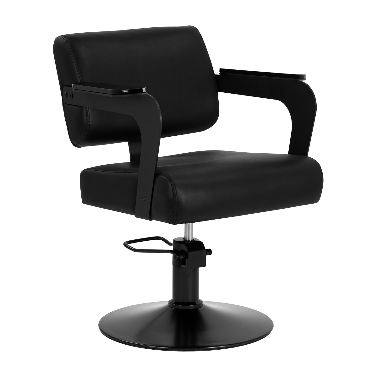 Black Jet noir hairdressing chair by HAIR SYSTEM with padded seat and backrest, adjustable height, and modern design.