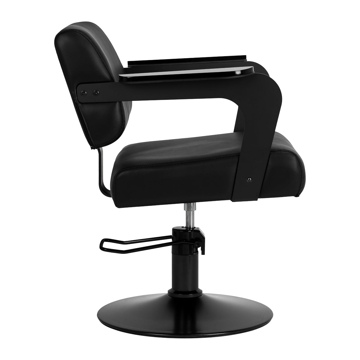 Black HAIR SYSTEM Jet Noir hairdressing chair with padded seat and backrest, adjustable height and chrome base.