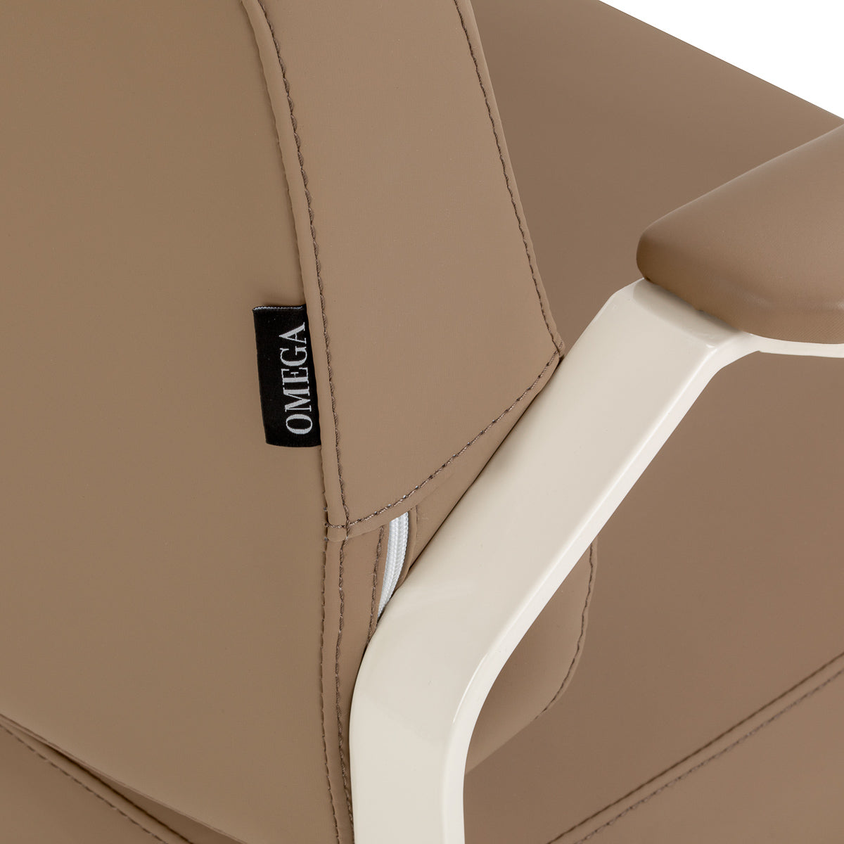 Omega Aurora light brown hairdressing chair with adjustable height and cushioned seat for salon styling and comfort.