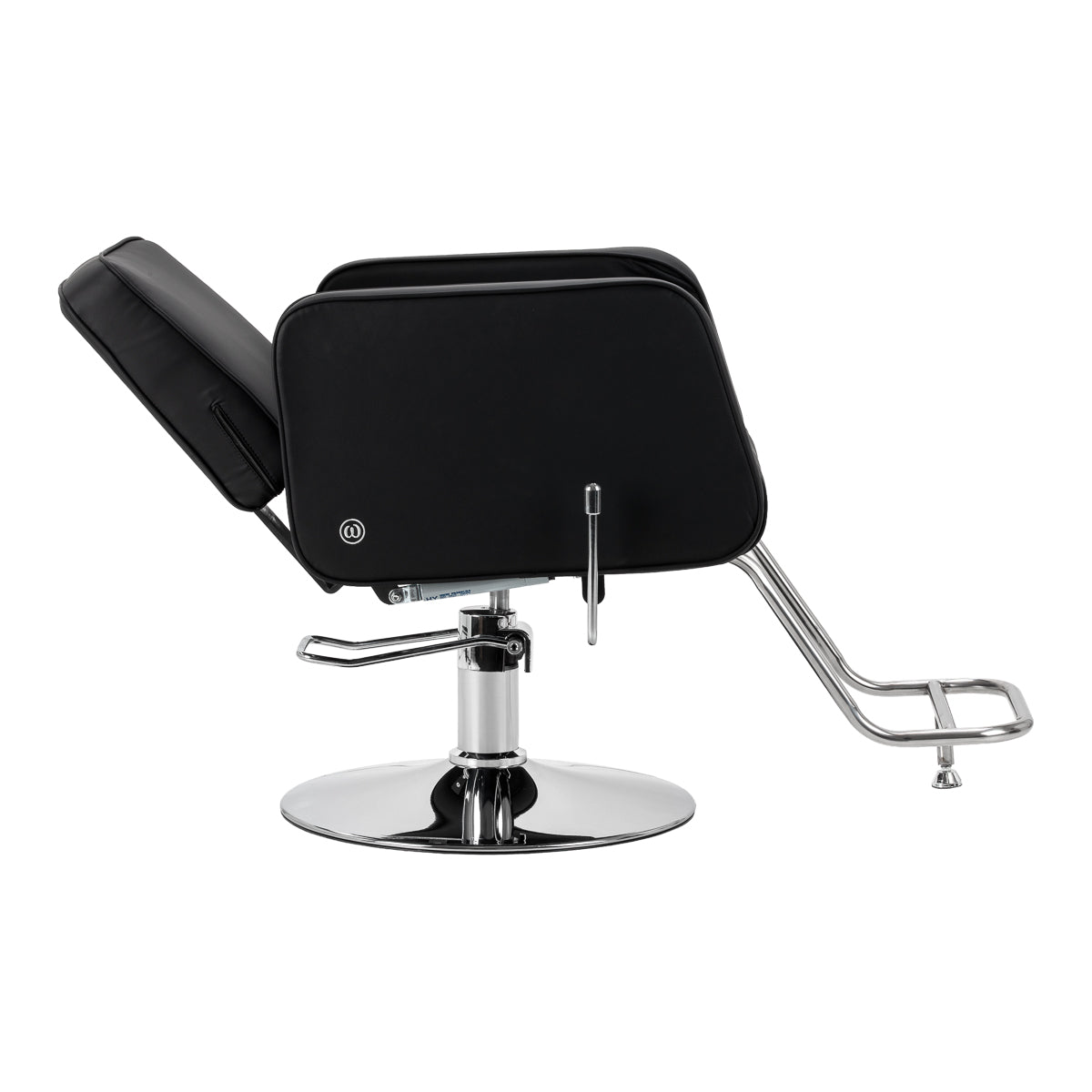 Black OMEGA Hairdressing Chair Omega Andromeda with adjustable height and cushioned seat for salon styling and comfort.
