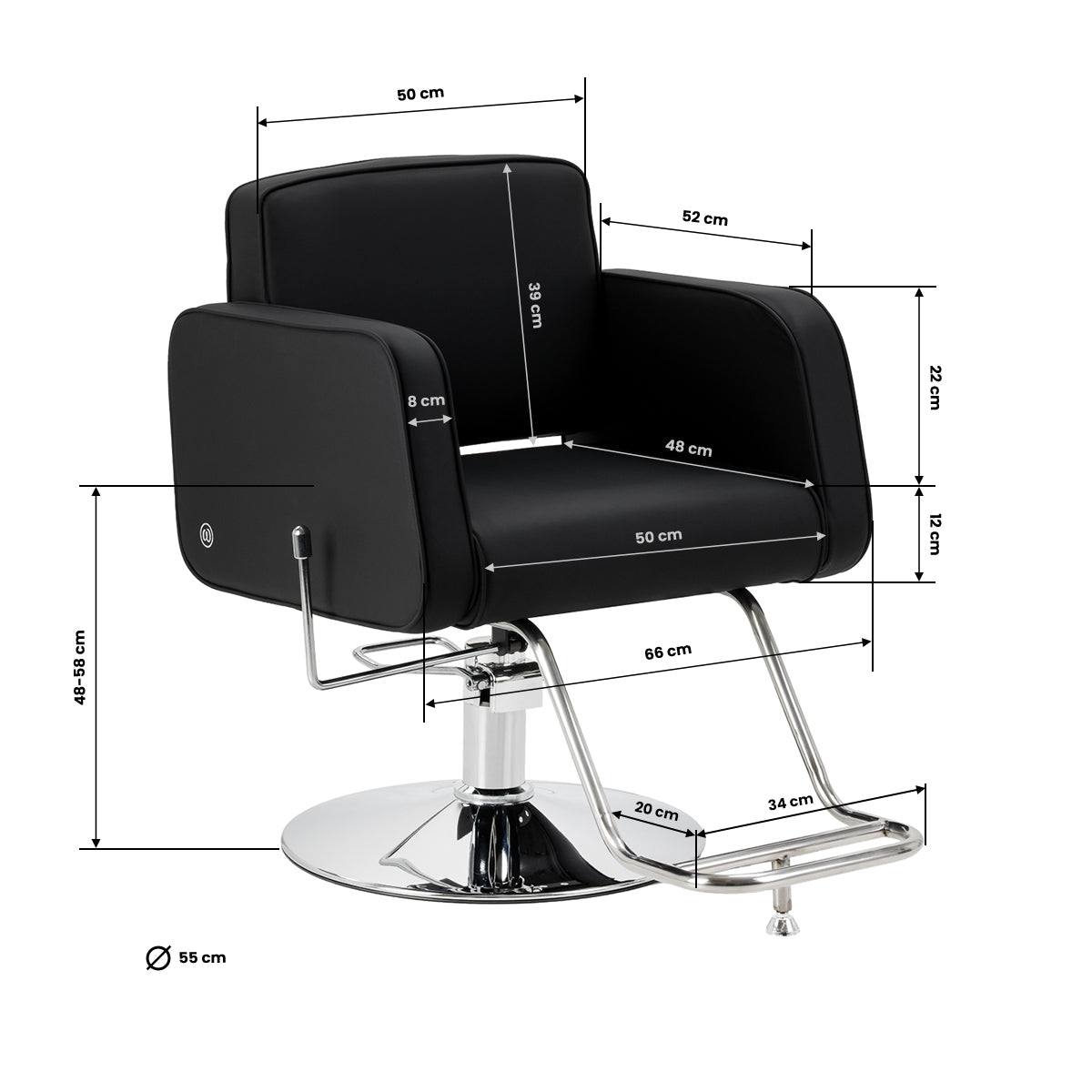 Black Omega Andromeda hairdressing chair with padded seat and adjustable headrest, featuring modern styling and sturdy design.