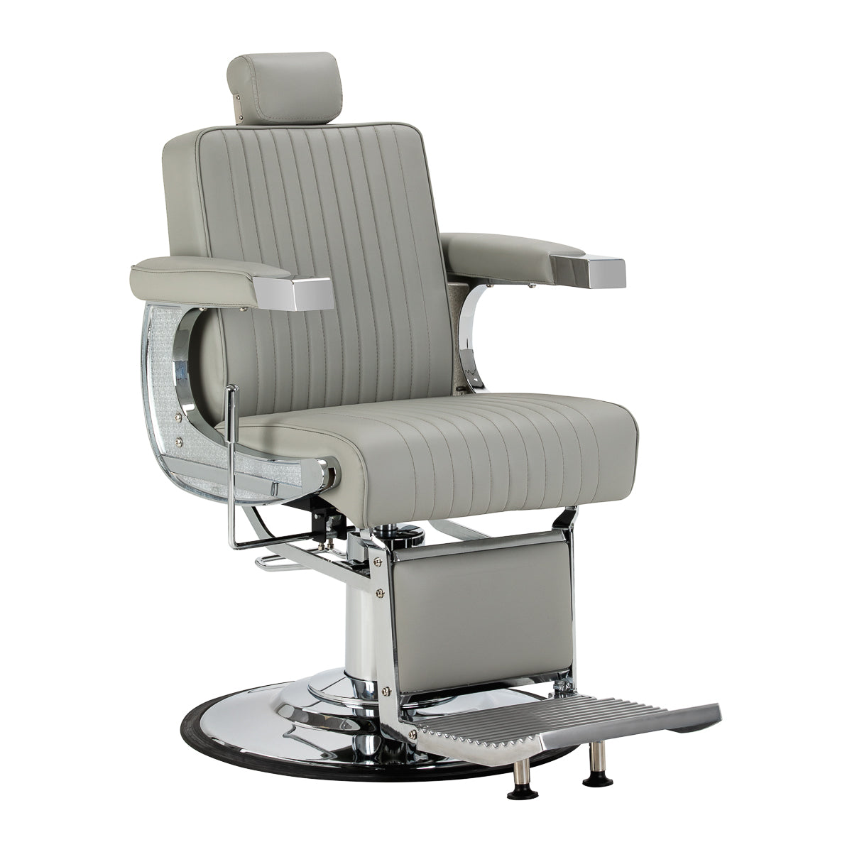 Gabbiano Visionerio grey barber chair with chrome frame, plush upholstery, and adjustable headrest, ideal for barbershop furniture.
