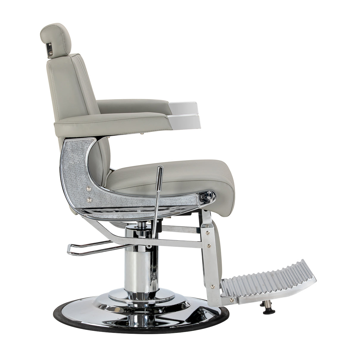 Gabbiano Visionerio grey barber chair with chrome frame, padded seat and backrest, in barbershop furniture setting