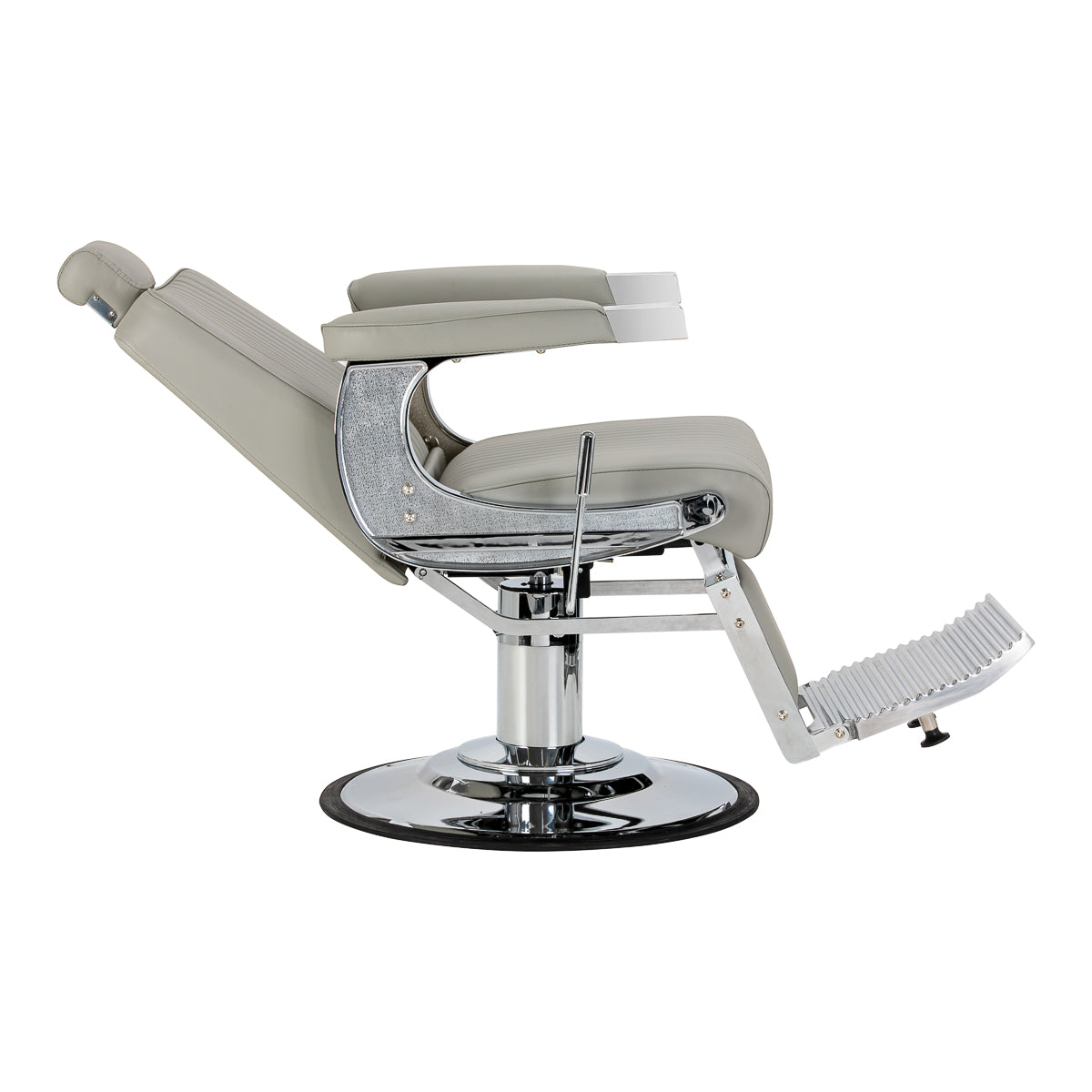 Gabbiano Visionerio barber chair with grey upholstery and chrome frame, stylish barbershop furniture.