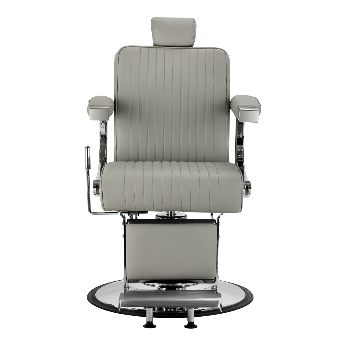 Gabbiano Visionerio barber chair with grey upholstery and chrome frame, designed for professional barbershop furniture.