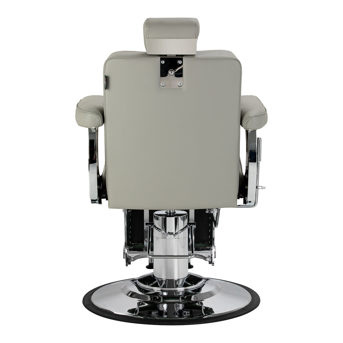 Gabbiano Visionerio barber chair with grey upholstery and chrome frame, designed for professional barbershop furniture.