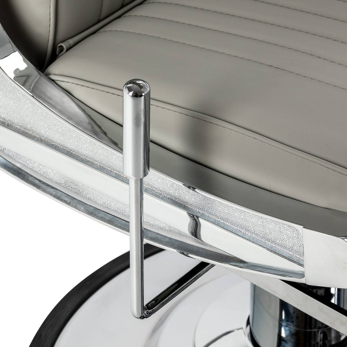 Gabbiano Visionerio barber chair with grey upholstery and chrome frame, designed for professional barbershop furniture.
