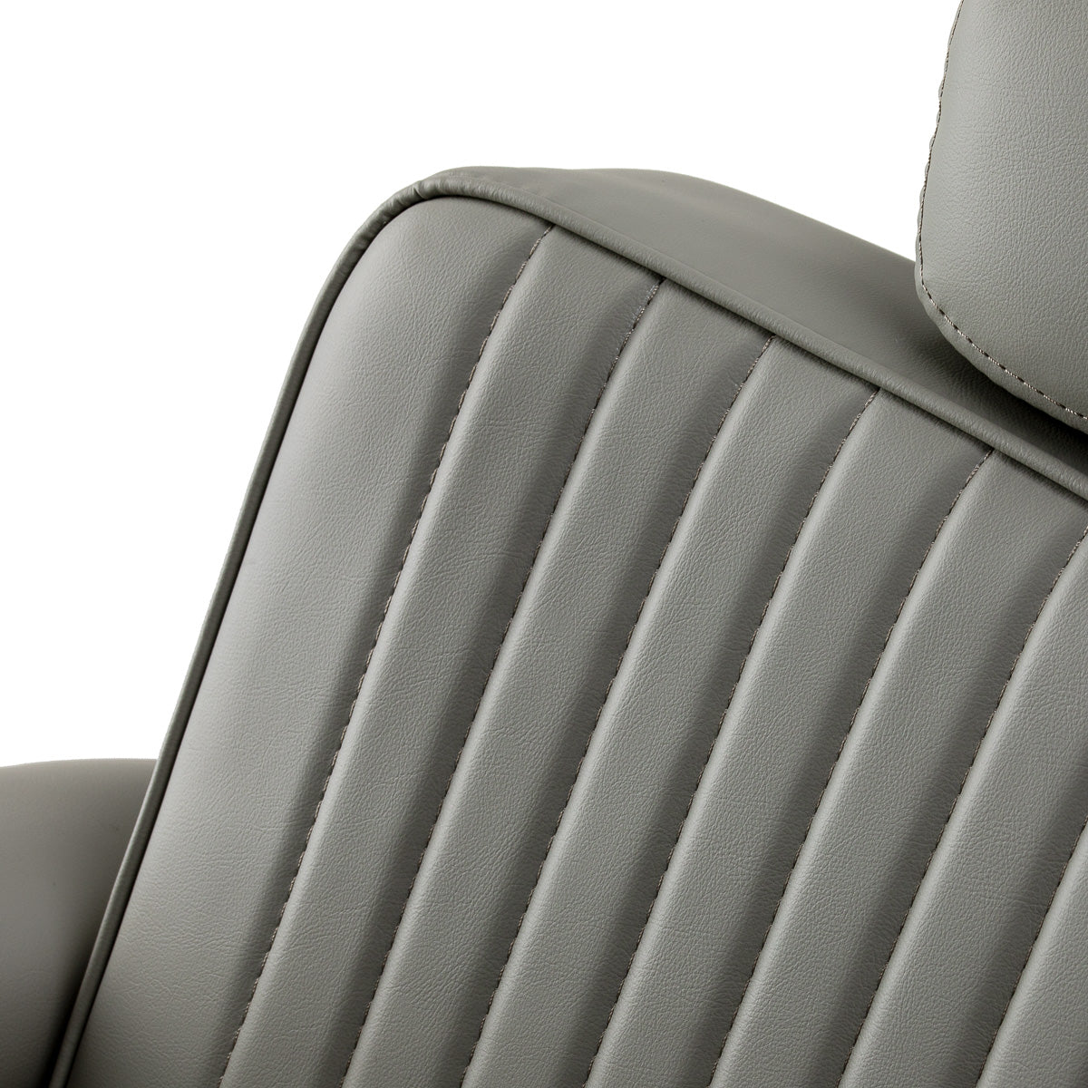 Gabbiano Visionerio barber chair with grey upholstery and chrome frame, designed for barbershop furniture.