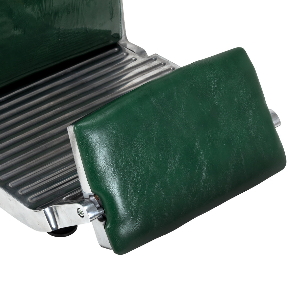 Green Gabbiano Royal X barber chair with padded seat and backrest, adjustable armrests, and sturdy metal base for barbershop use.