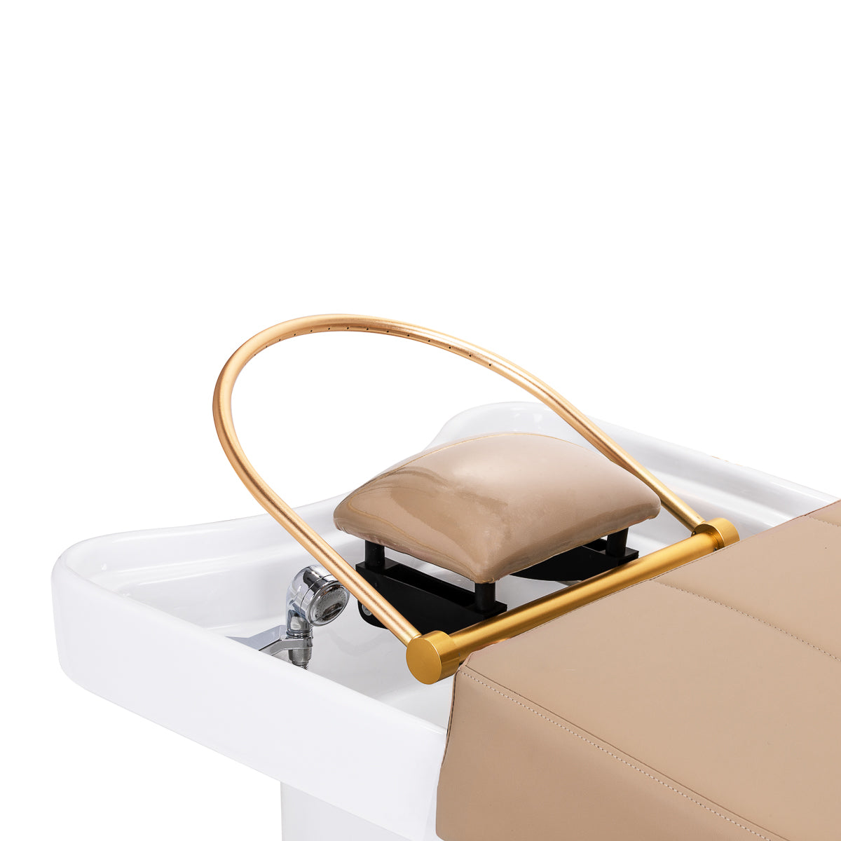 Gabbiano Head Spa 017 beige hair washing bed with cushioned surface and adjustable headrest for salon use.