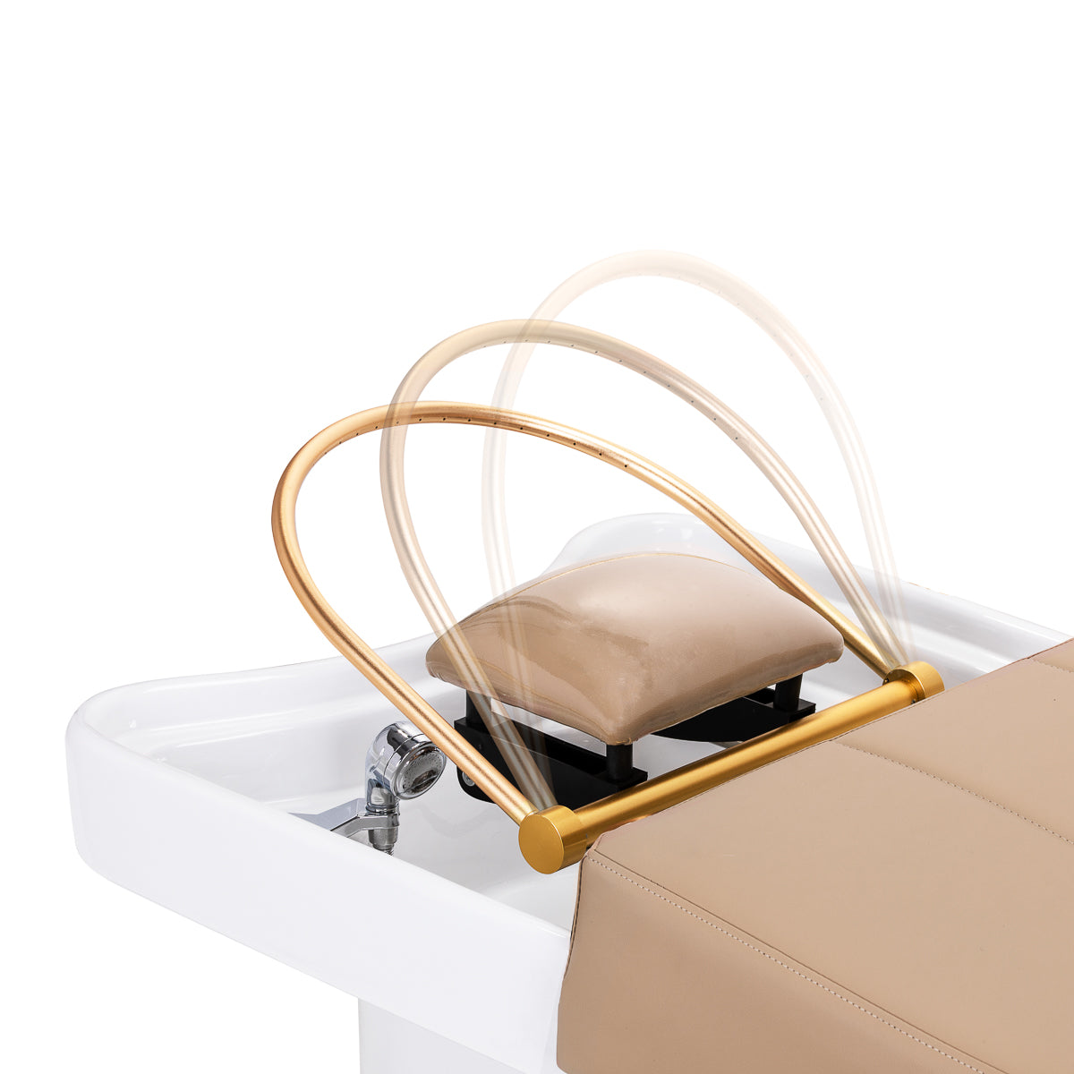Gabbiano Head Spa 017 beige hair washing bed with padded cushion and adjustable headrest, designed for comfortable hair treatments.