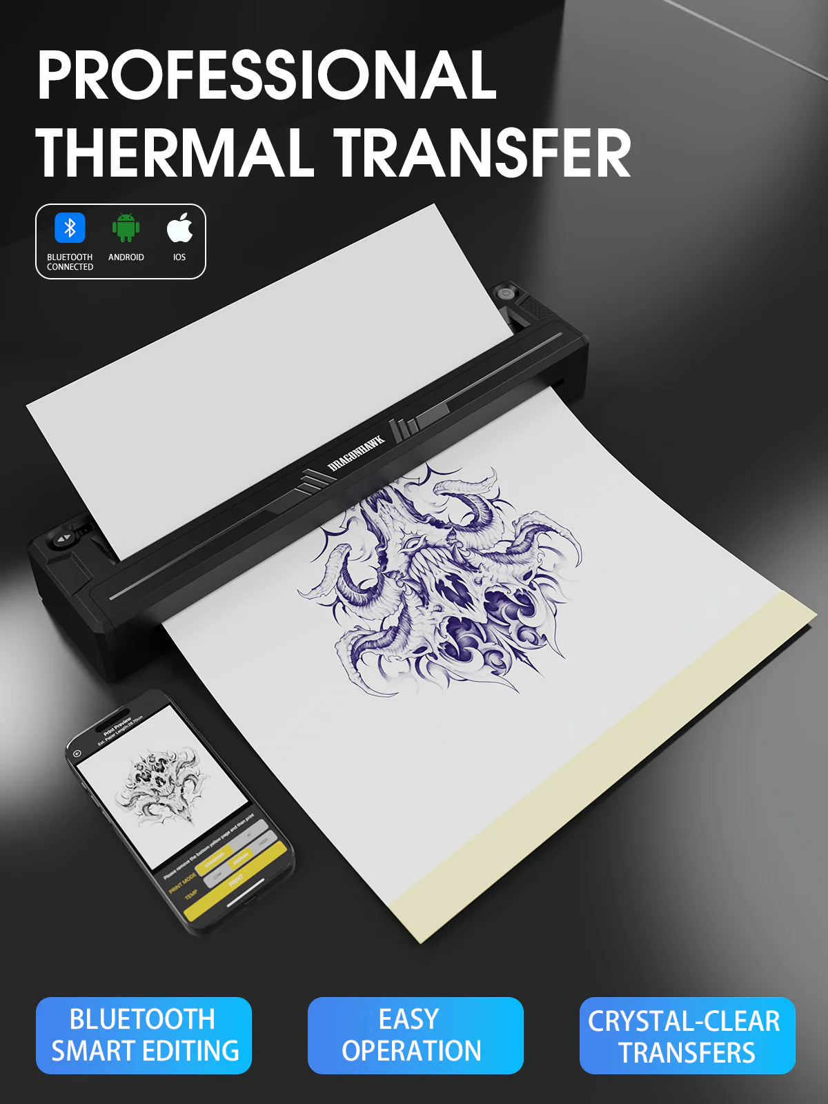 Mast DragonHawk A4 wireless thermal tattoo stencil printer machine showing the device with control panel and paper tray.