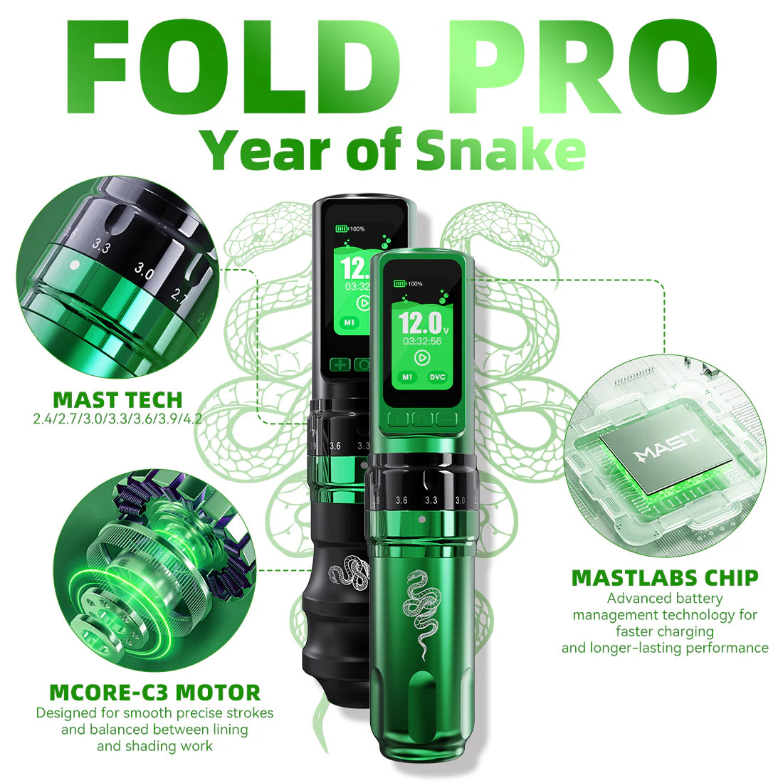 Mast Dragonhawk Fold Pro Year of Snake Edition Wireless Tattoo Machine - BVShop