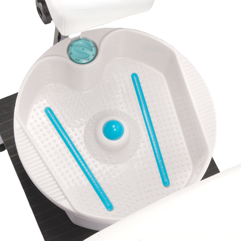White pedicure chair with built-in foot massager from Beauty System, featuring comfortable seating and modern design.