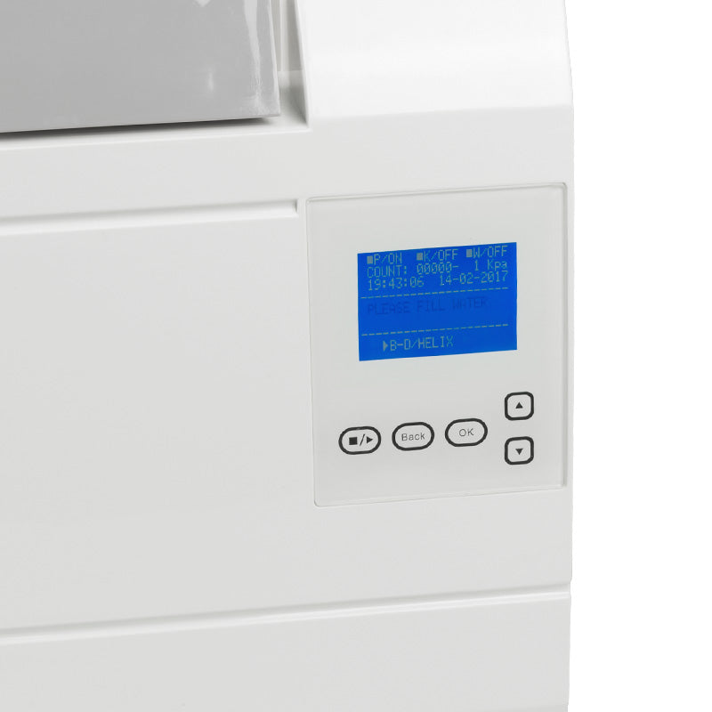 Medical autoclave MONA LCD 8L by Beauty System, Class B sterilizer with LCD display and built-in printer in a clinical setting.