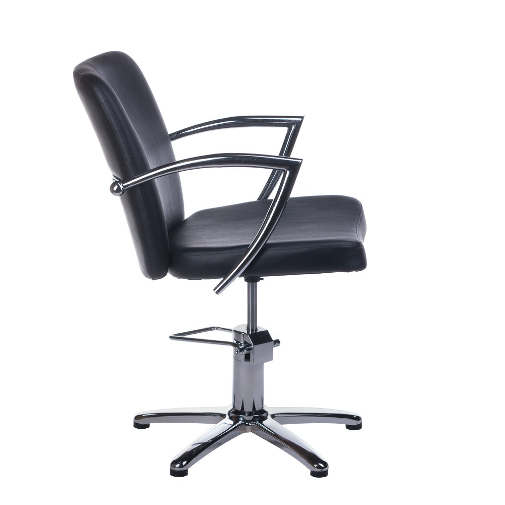 Black LIVIO Hairdressing Chair by Beauty System with adjustable height and cushioned seat, designed for salon styling.
