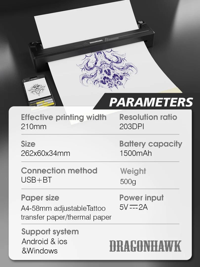 Mast DragonHawk A4 wireless thermal tattoo stencil printer machine with a sleek design and control panel.