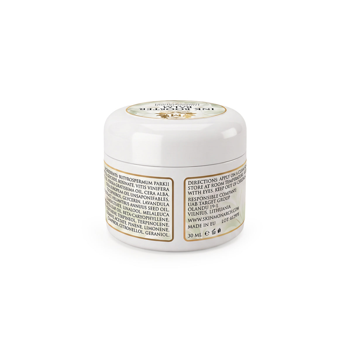 Skin Monarch Ink Booster Balm 30مل, الملصق الخلفي مع المكونات وتعليمات الاستخدام