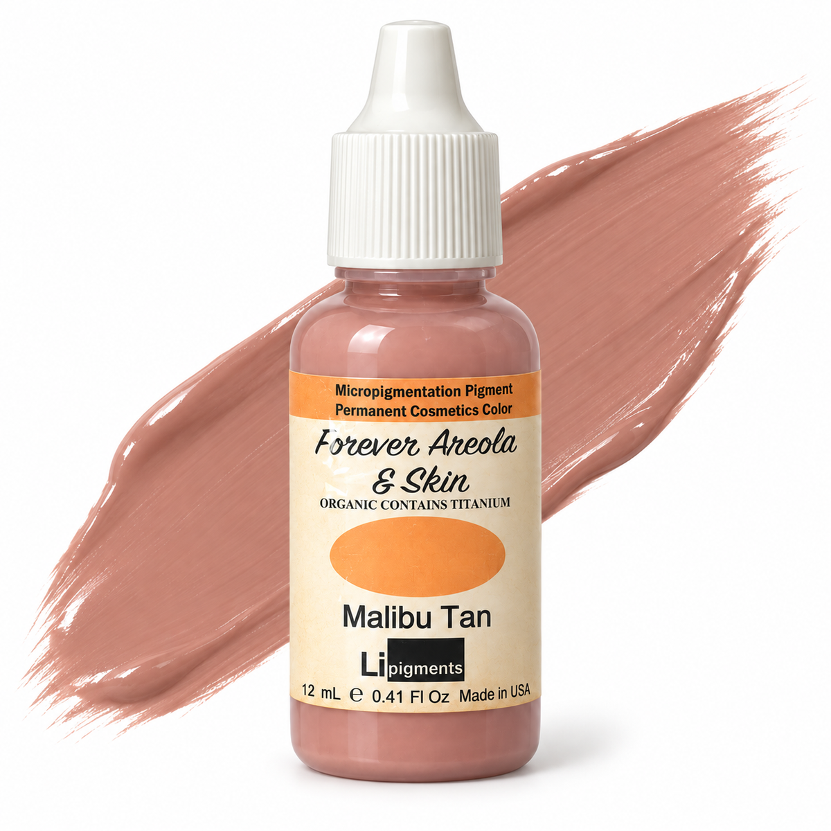 Li Pigments Forever Areola & Skin Malibu Tan 12ml — bottle with illustrative liquid pigment colour smear