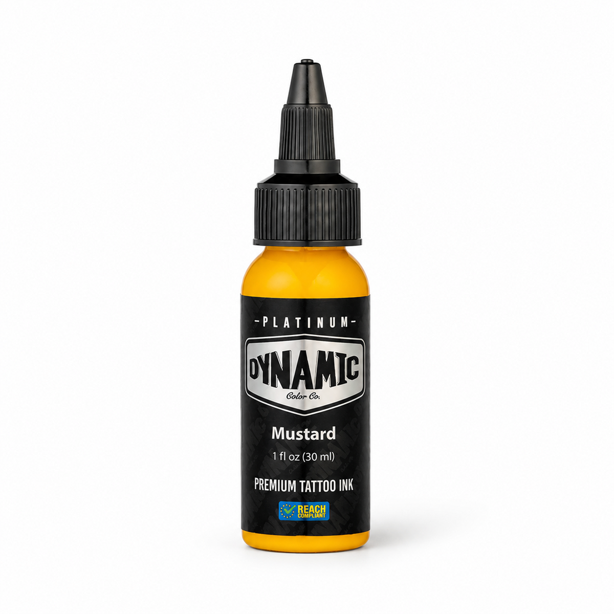 Platinum By Dynamic Tattoo Ink Mustard 30ml bottle on a white background with a natural shadow