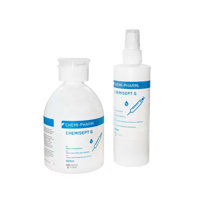 Chemipharm Chemisept G skin disinfectant in 250ml, 500ml, or 1000ml bottles, showing clear liquid and label on the bottle.