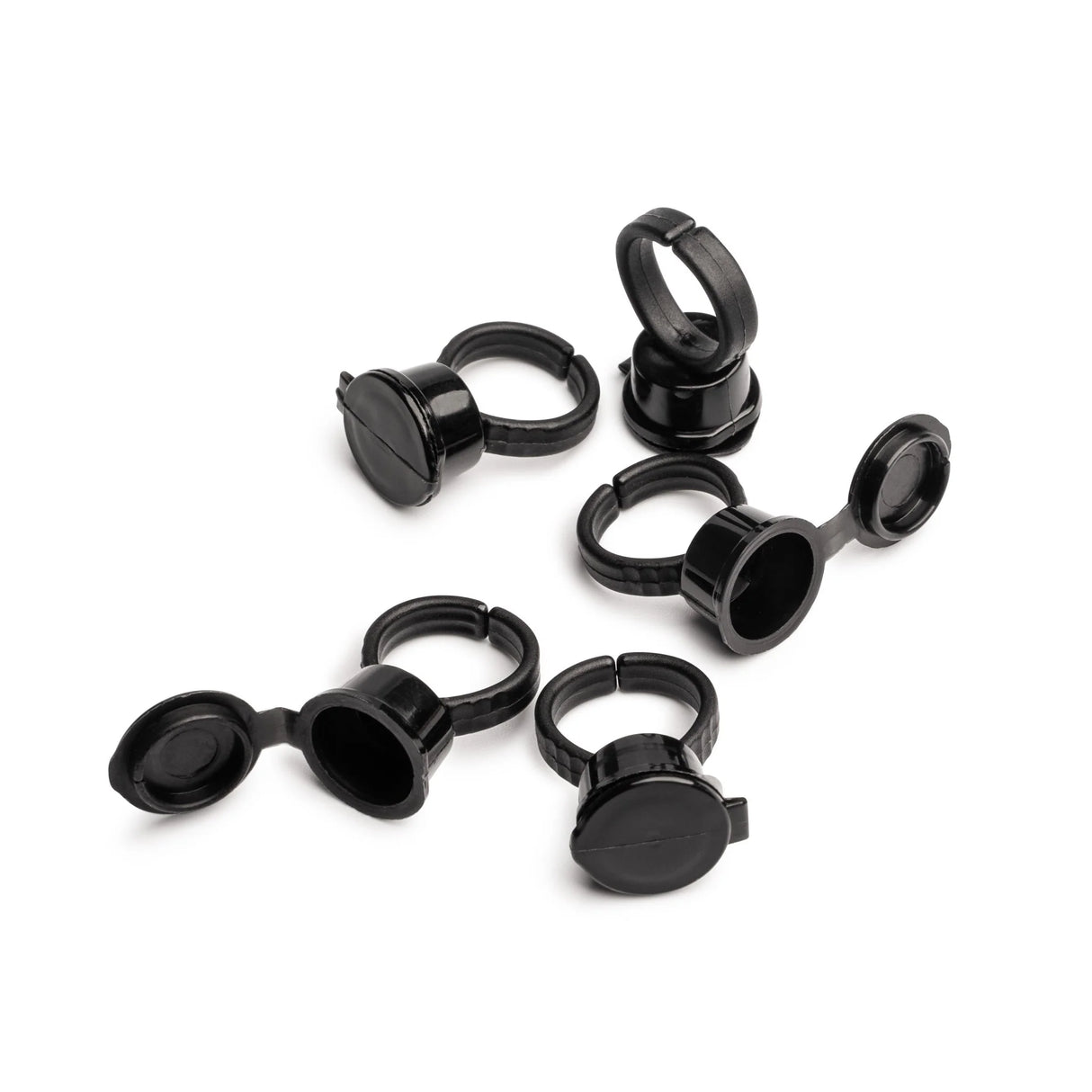 Set of 50 black Perma Ring Cup containers, durable plastic storage cups with lids, ideal for organization and food storage.