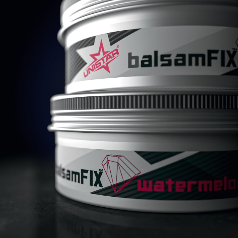 Unistar balsamFIX Watermelon 200 ml bottle with watermelon-themed label and clear cap, displayed on a white background.