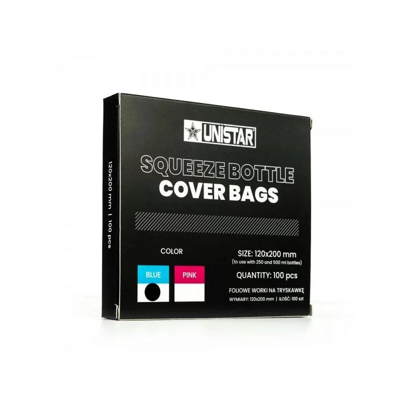Unistar squeeze bottle bags in pink and blue, flexible plastic storage pouches for liquids or small items.