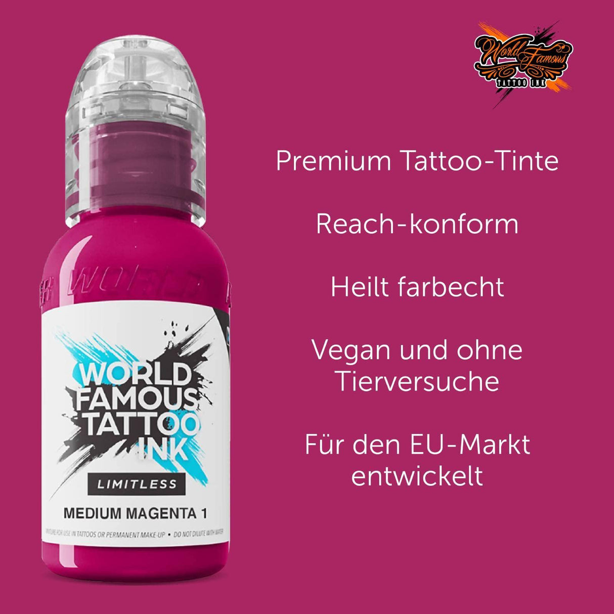 World Famous Limitless Tattoo Ink Medium Magenta 1 30ml - BVShop