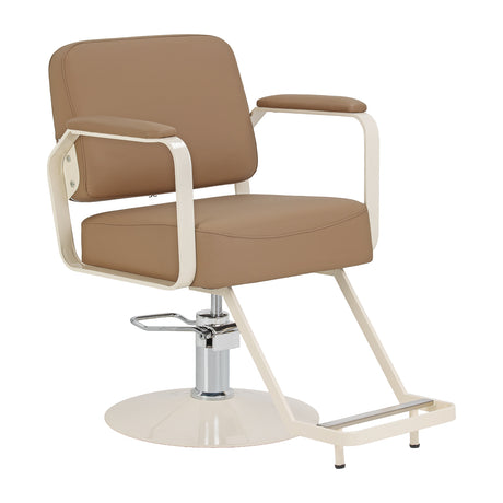 Omega Aurora light brown hairdressing chair with adjustable height and cushioned seat for salon styling.