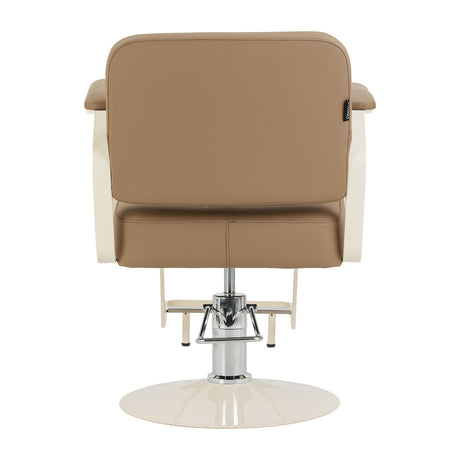 Omega Aurora light brown hairdressing chair with padded seat and backrest, adjustable height, and chrome base for salon styling.