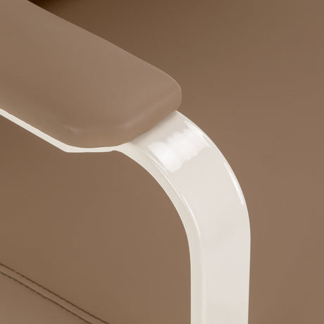 Omega Aurora light brown hairdressing chair with adjustable height and padded seat for salon styling and comfort.