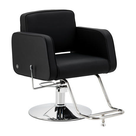 Black Omega Andromeda hairdressing chair with adjustable height and padded seat, featuring sleek modern design.
