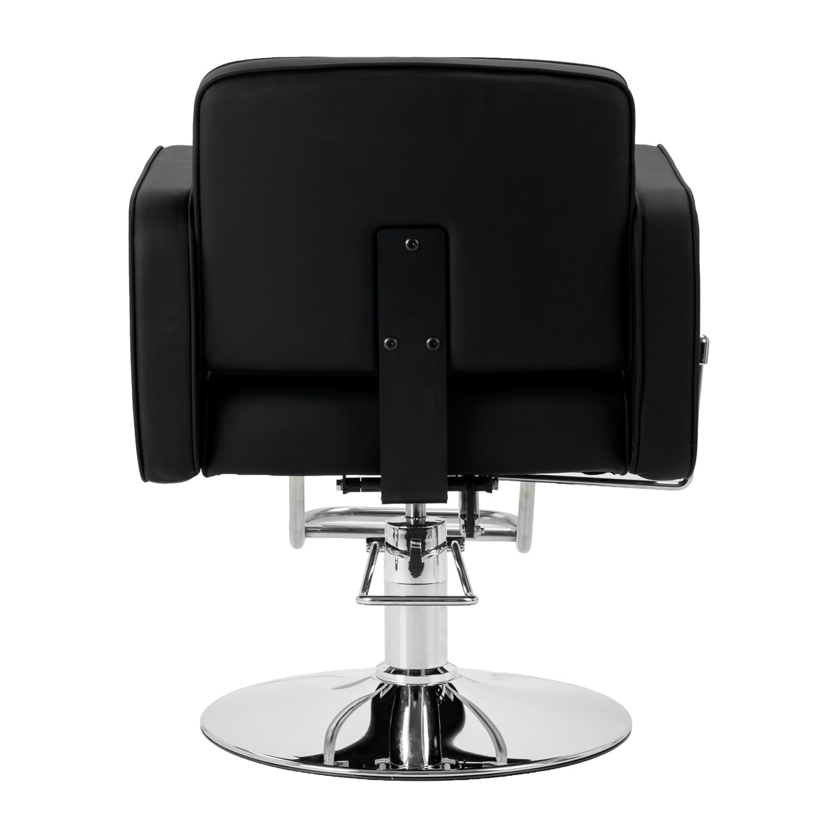 Black Omega Andromeda hairdressing chair with adjustable height and cushioned seat, featuring modern styling and sturdy armrests.