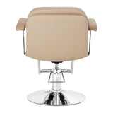 Omega Astra beige hairdressing chair with padded backrest and armrests, adjustable height, and sturdy base for salon use.