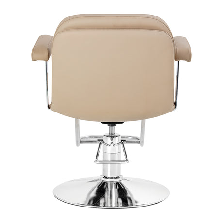 Omega Astra beige hairdressing chair with padded backrest and armrests, adjustable height, and sturdy base for salon use.