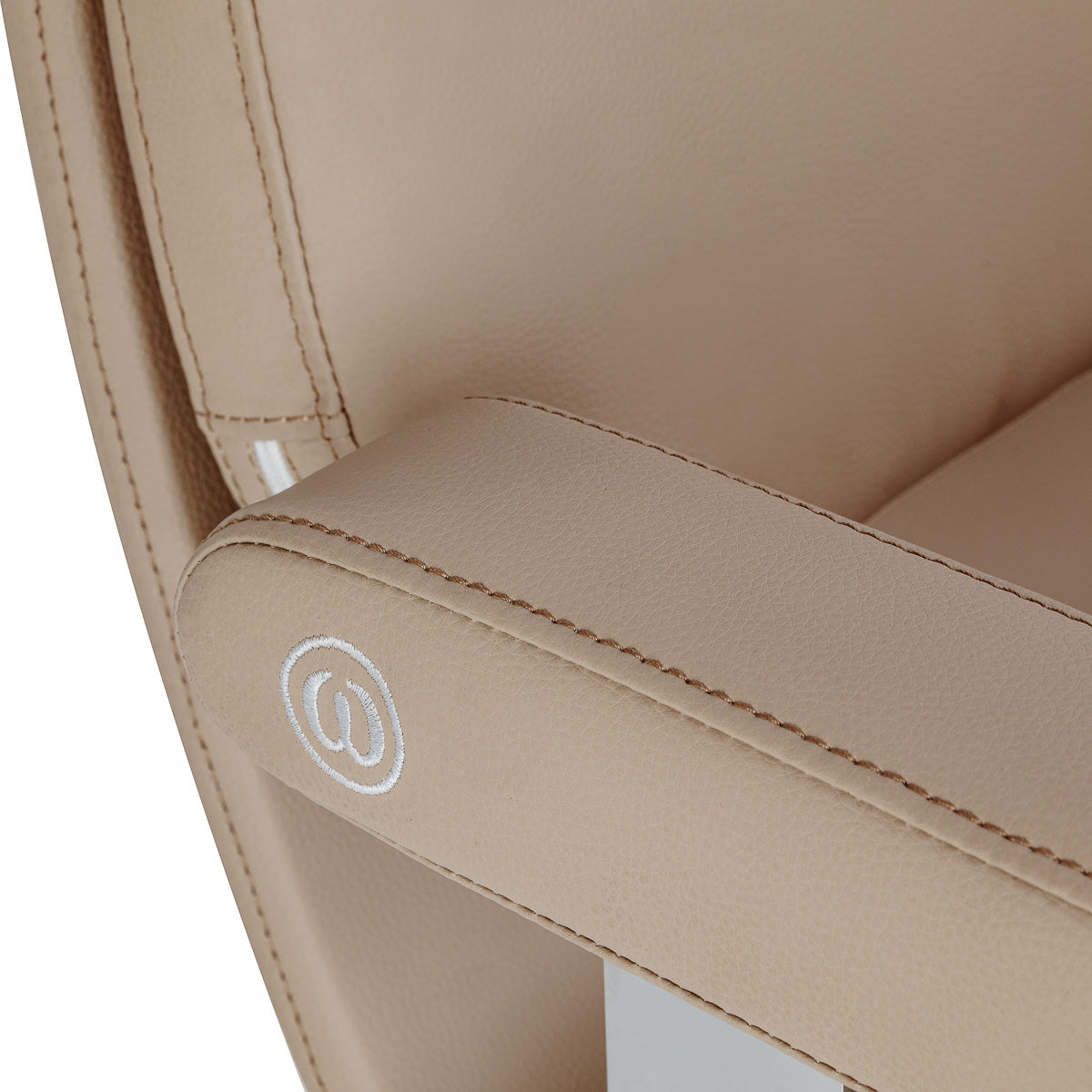 Omega Astra beige hairdressing chair with cushioned seat and backrest, adjustable height, and sturdy base for salon styling.
