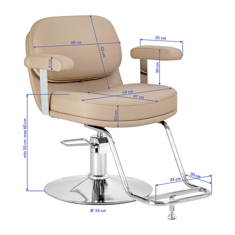 Omega Astra beige hairdressing chair with adjustable height and cushioned seat, designed for salon styling and client comfort.