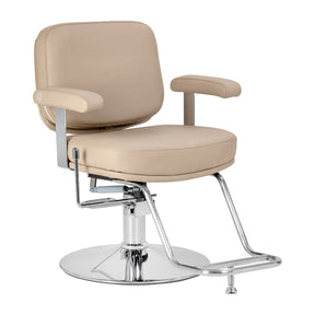 Beige Omega Astra Plus hairdressing chair with adjustable headrest and armrests, featuring a modern design for salons.