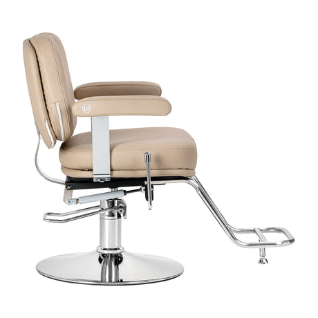 Omega Astra Plus beige hairdressing chair with adjustable height and padded seat for salon styling and client comfort.