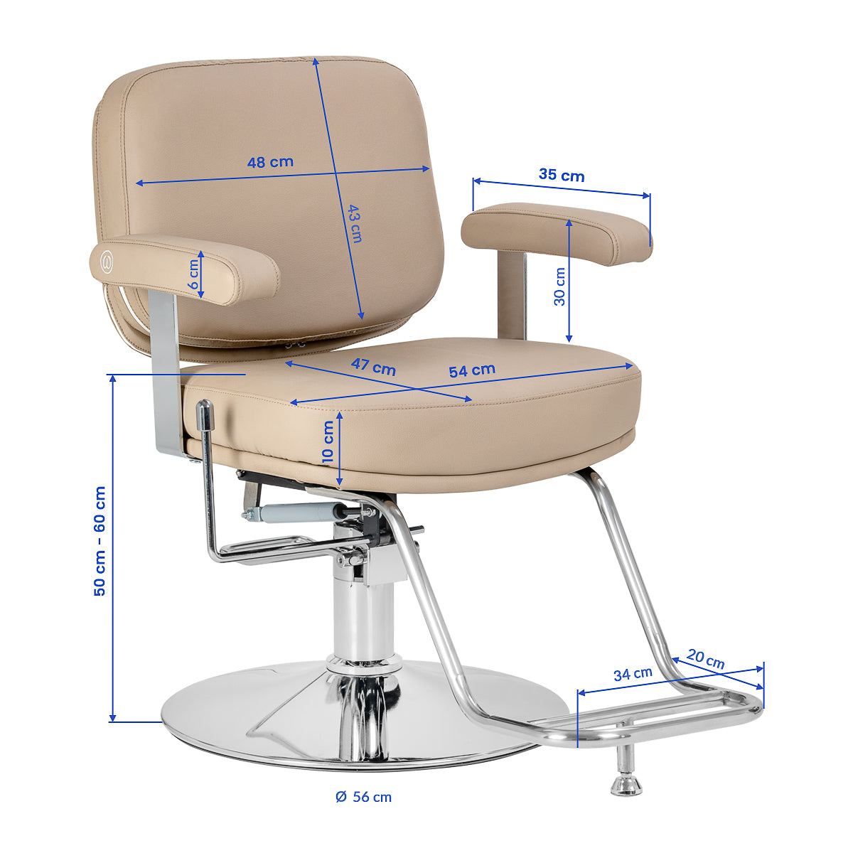 Omega Astra Plus beige hairdressing chair with adjustable headrest and armrests, featuring a cushioned seat and back for salon comfort.