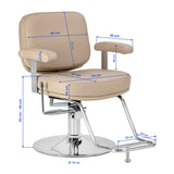 Omega Astra Plus beige hairdressing chair with adjustable headrest and armrests, featuring a cushioned seat and back for salon comfort.