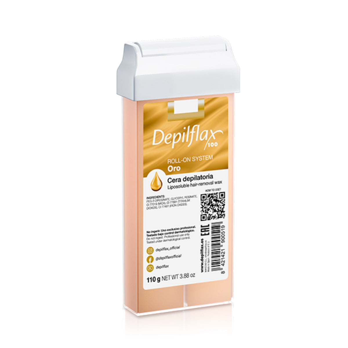 Depilflax 100 gold wax roll for hair removal, 110g, showing the sleek gold wax roll in a close-up image.