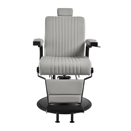 Gabbiano Levi barber chair in grey with black frame, stylish barbershop furniture with padded seat and adjustable features