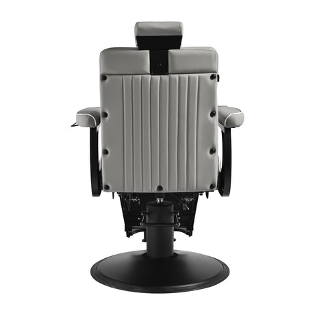 Gabbiano Levi barber chair in grey with black frame, featuring padded seat and backrest, for professional barbershop use.