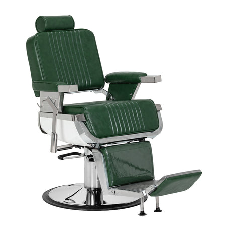 Green Gabbiano Royal X barber chair with padded seat and backrest, chrome armrests, and adjustable footrest for barbershop use.