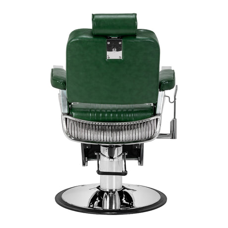 Green Gabbiano Royal X barber chair with padded armrests and adjustable headrest, designed for professional barbershop use.
